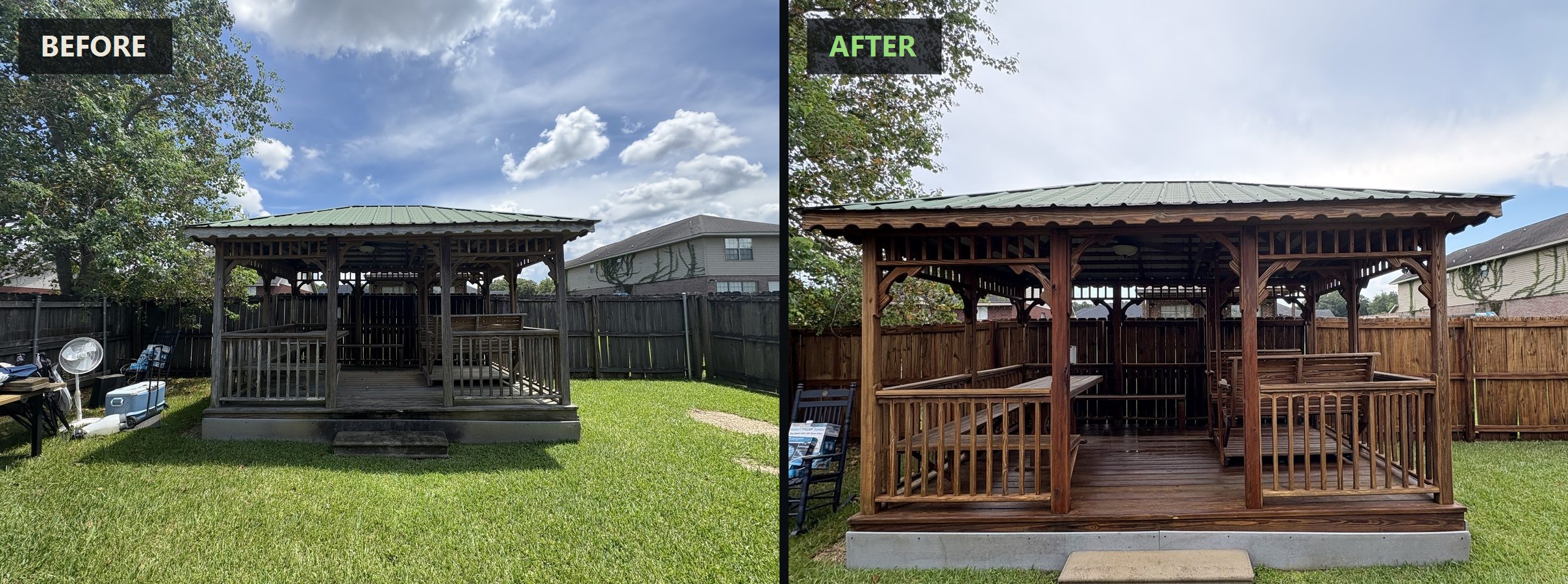 Gazebo before and after soft washing — gray weathered wood restored to rich brown